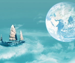 Fantasy, Statek, Chmury, Ziemia