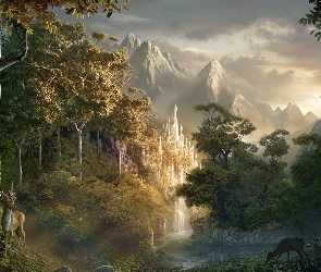 Fantasy, Zamek, Góry, Rzeka