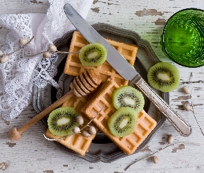 Owoc, Szklanka, Nóż, Gofry, Kiwi