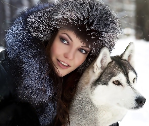 Siberian Husky, Pies, Kobieta, Czapka
