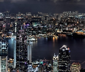 Hong Kong, Budynki, Światła, Noc, Miasto