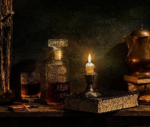 Koniak, Alkohol, Świeca, Kompozycja, Książki, Karafka