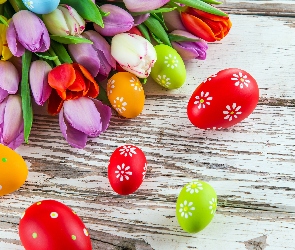 Wielkanoc, Deska, Pisanki, Tulipany, Kolorowe