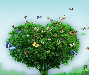 Drzewo, Miłosne, Motyle, Serce