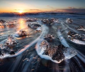 Islandia, Morze, Park Narodowy Vatnajökull, Fale, Wschód Słońca, Lód