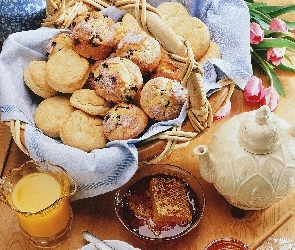 Koszyk, Napój, Tulipany, Różowe, Ciasteczka