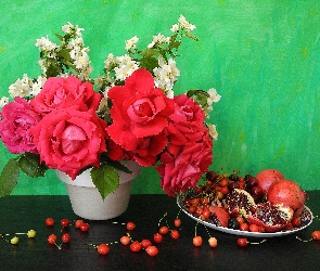 Kompozycja, Bukiet Kwiatów, Róże, Granaty, Jaśmin
