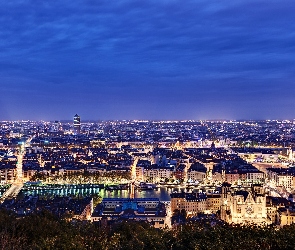 Nocą, Miasto, Francja, Lyon
