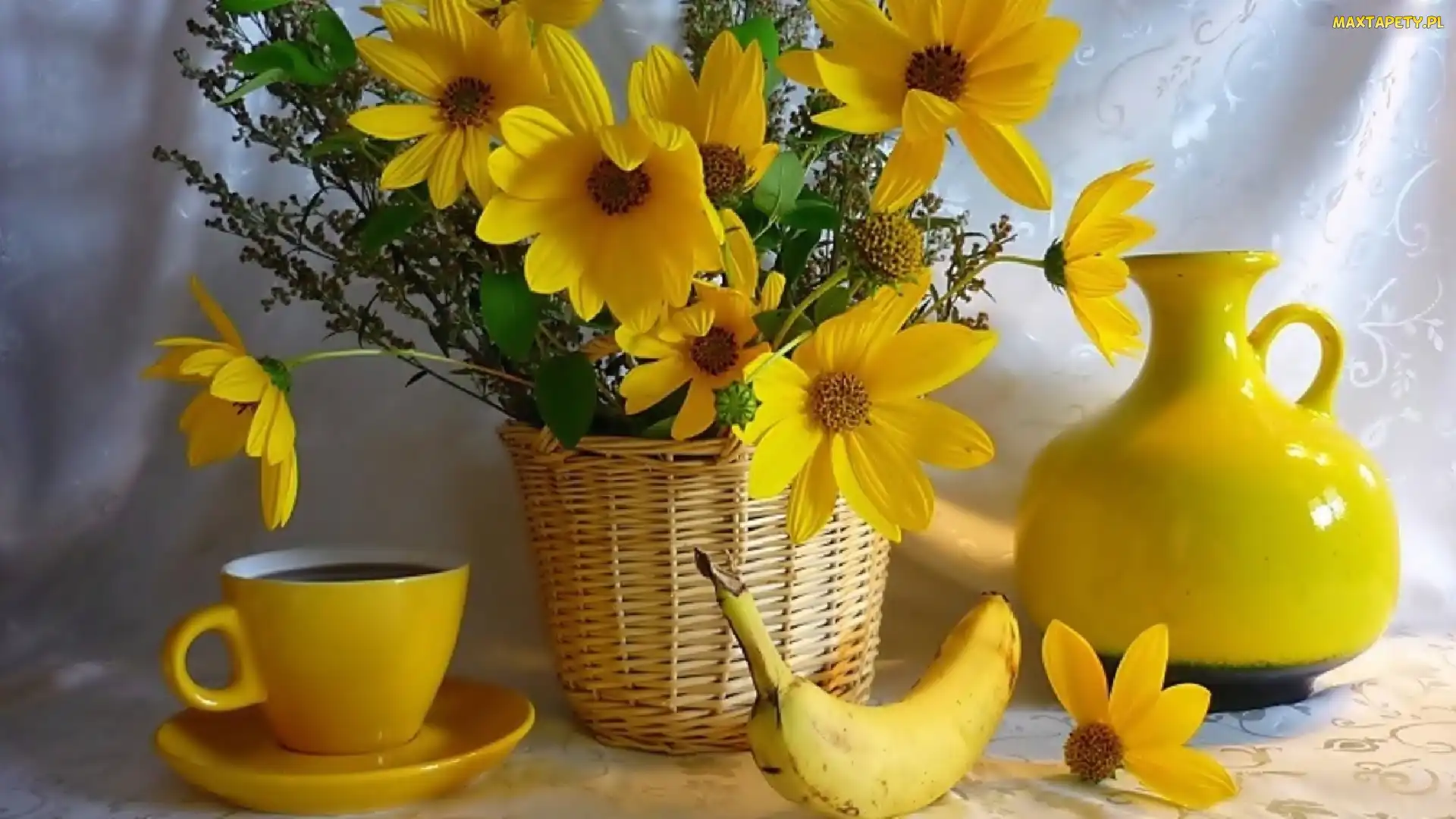 Porcelana, Kwiaty, Żółte, Koszyk, Żółta
