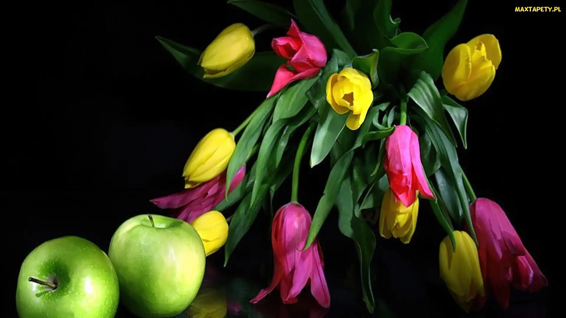 Jabłka, Zielone, Kolorowe, Tulipany