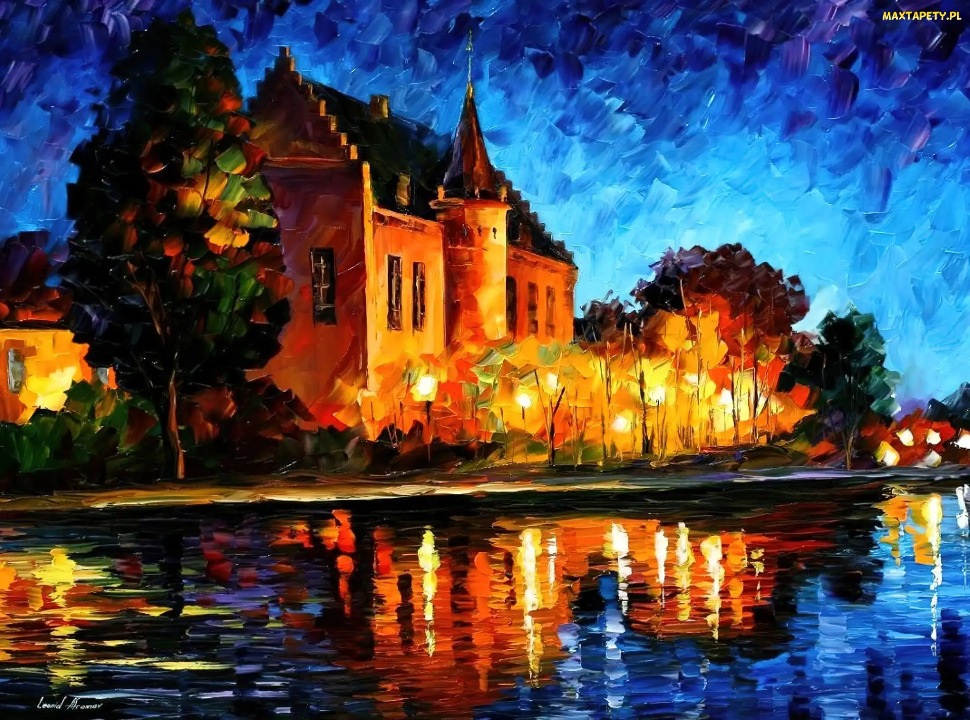 Zamek, Noc, Leonid Afremov, Jezioro