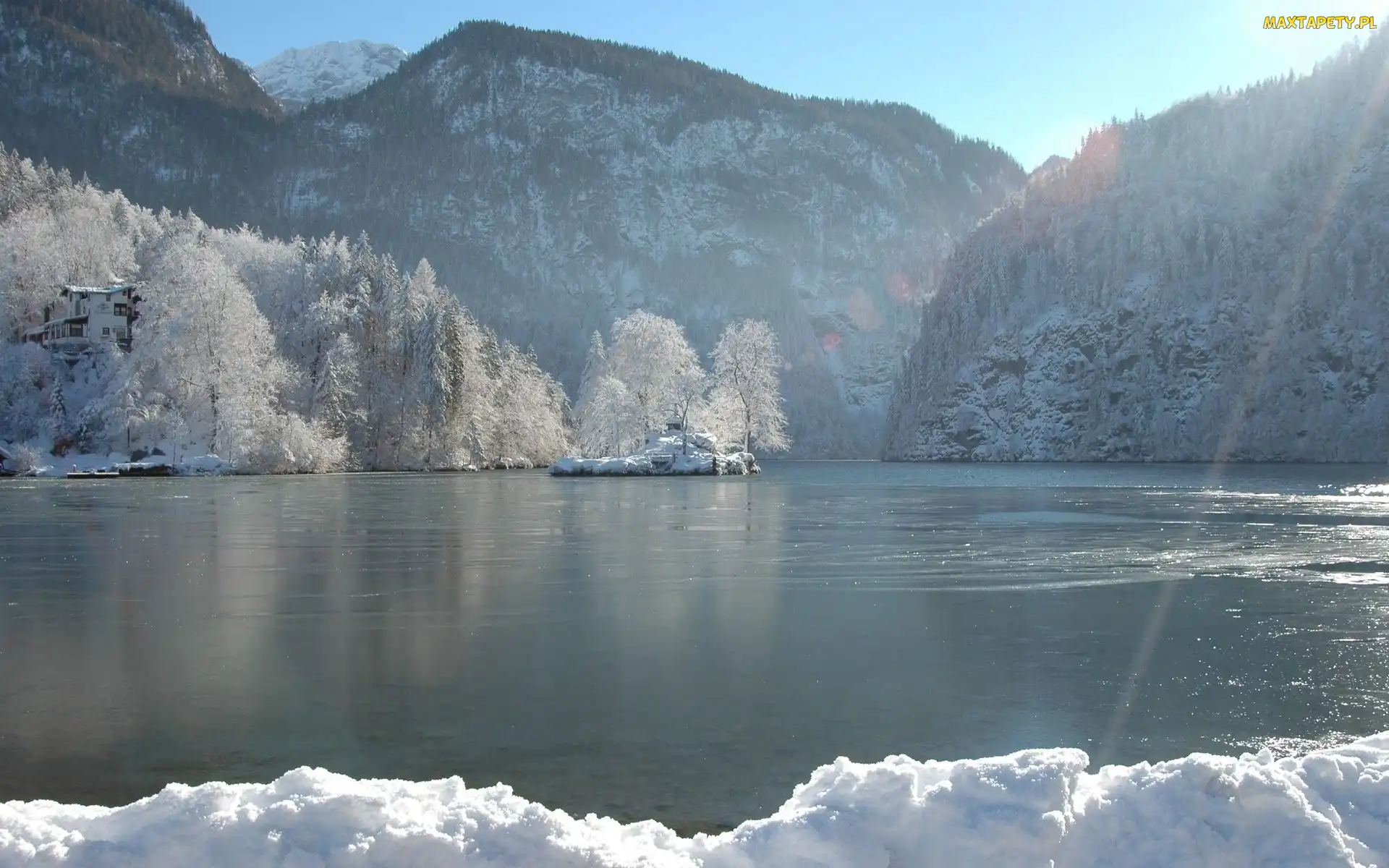Zima, Drzewa, Góry, Jezioro