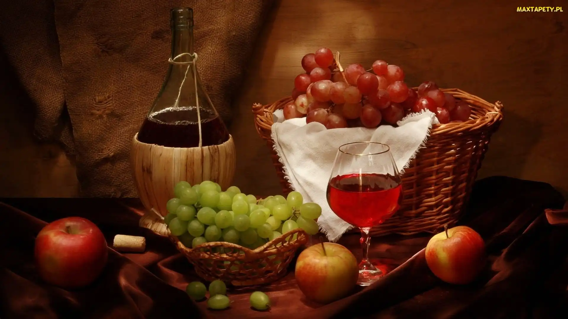 Koszyk, Jabłko, Winogron, Butelka, Wino