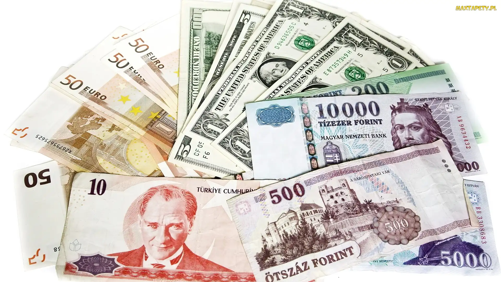 Euro, Forinty, Banknoty, Dolary