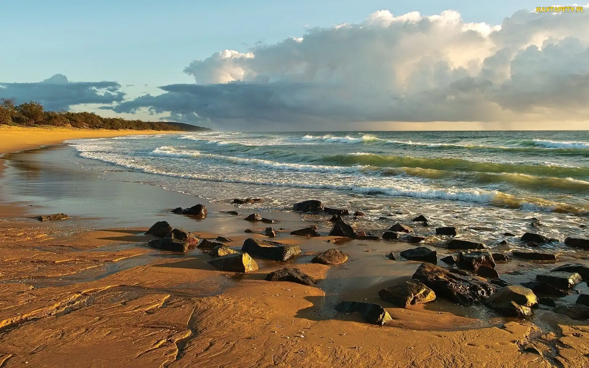 Morze, Kamienie, Fale, Plaża, Niebo