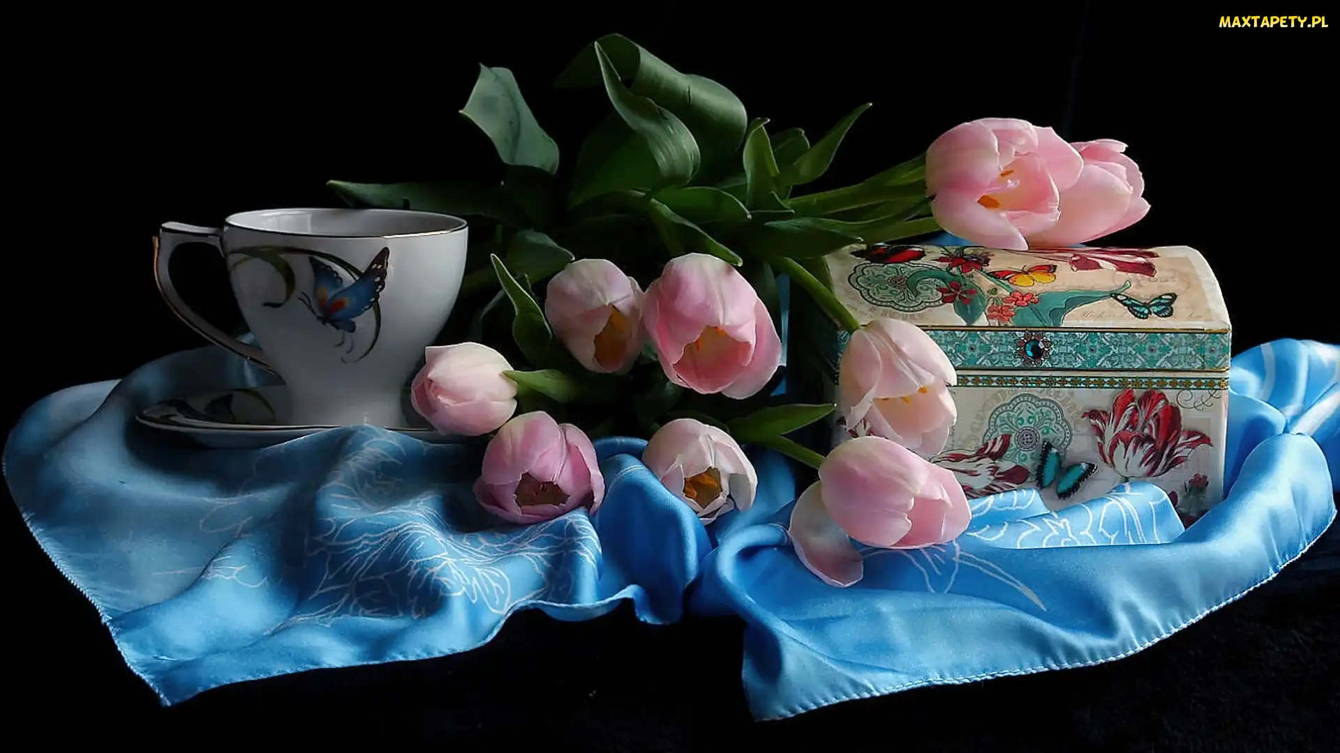Tulipany, Tkanina, Filiżanka, Pudełko, Różowe