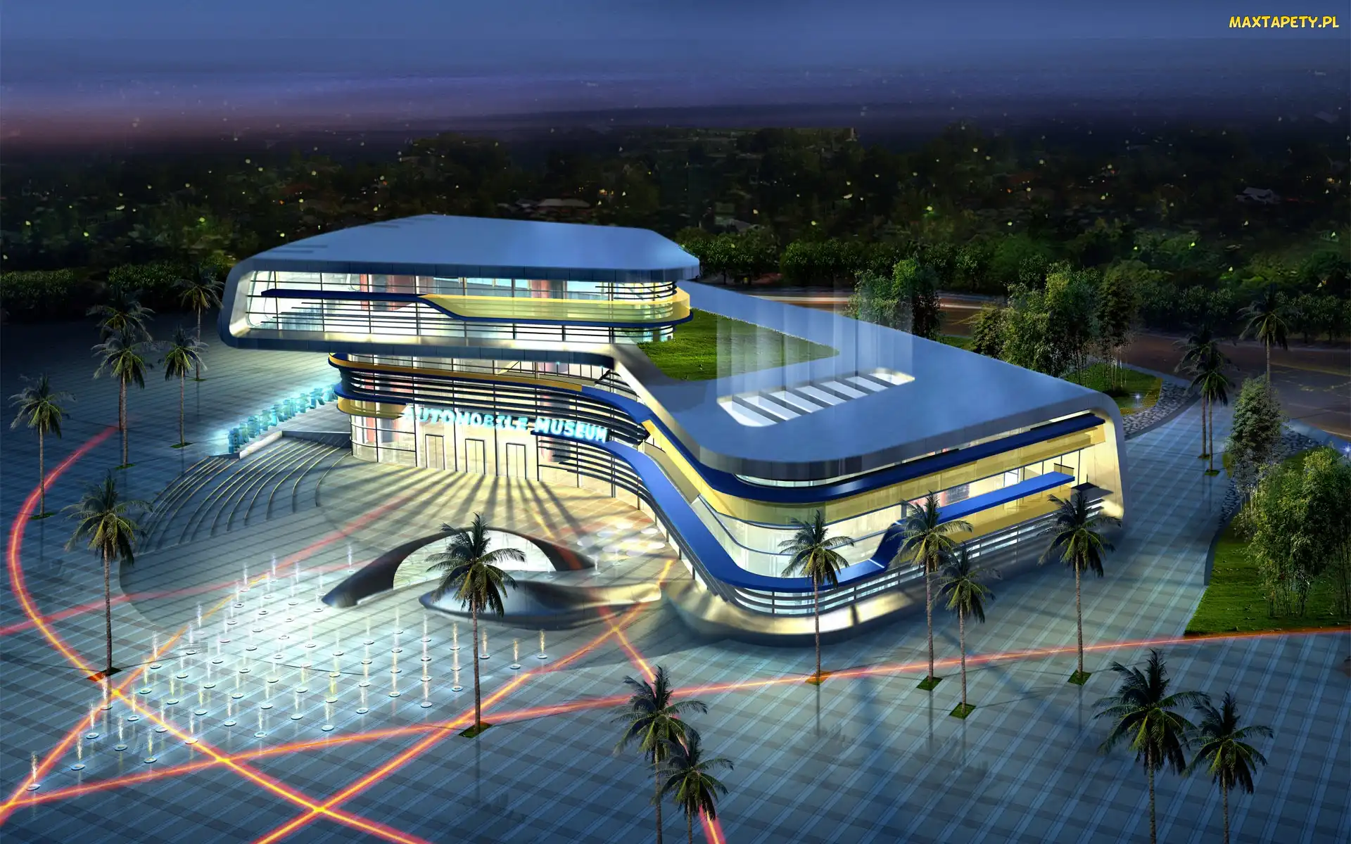 Muzeum Samochodowe, Grafika 3D, Drzewa, Plac, Projekt