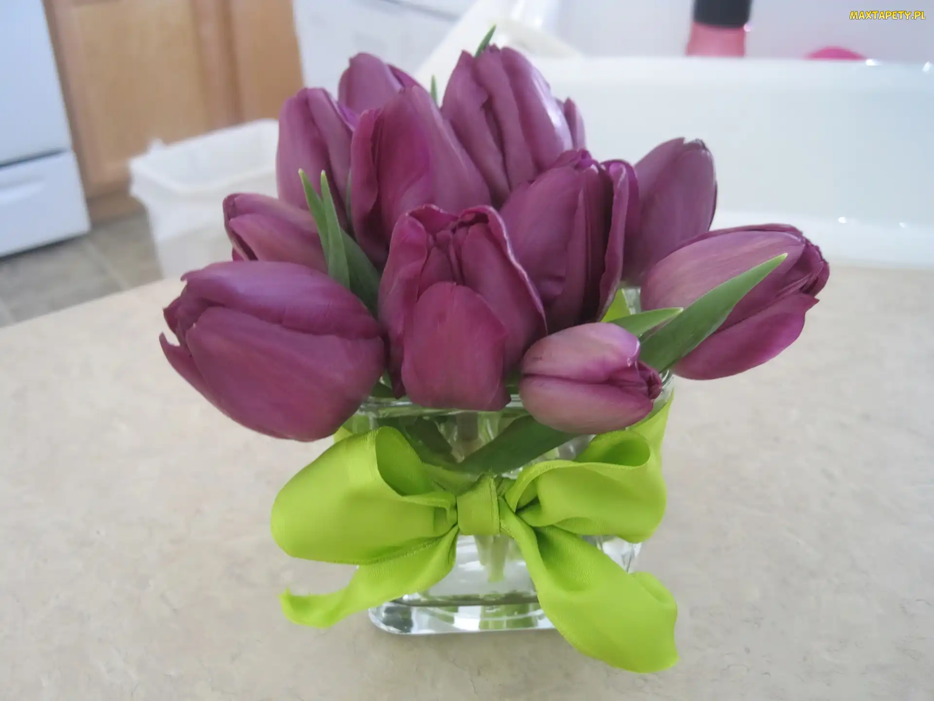 Flakon, Wstążka, Fioletowe, Tulipany