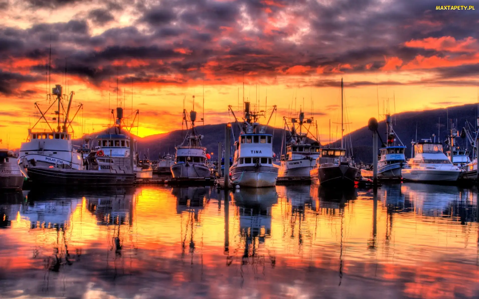 Port, Słońce, Zachodzące, Marina, Statki