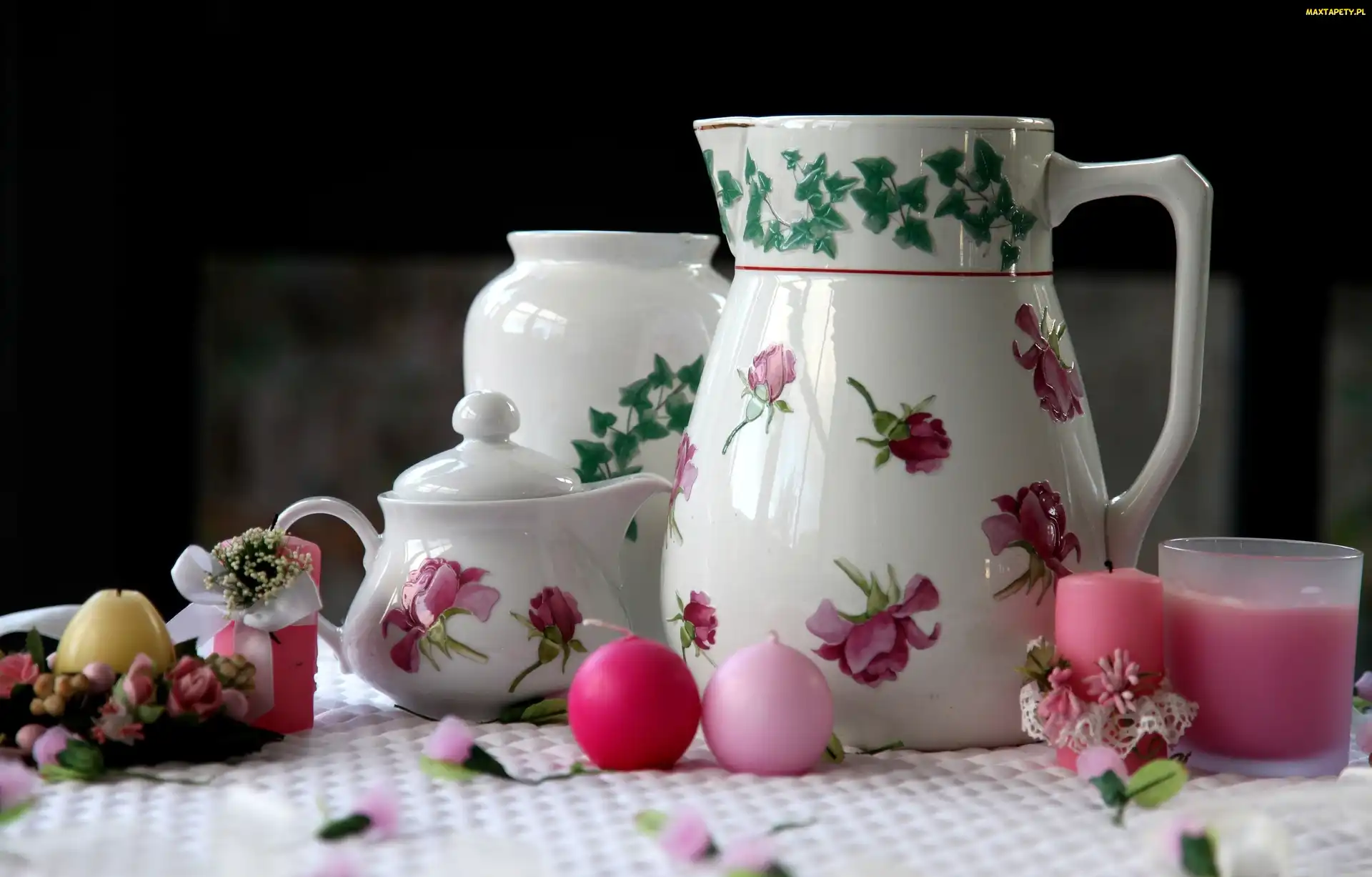 Porcelana, Kompozycja, Świece, Dzbanek, Kolorowa