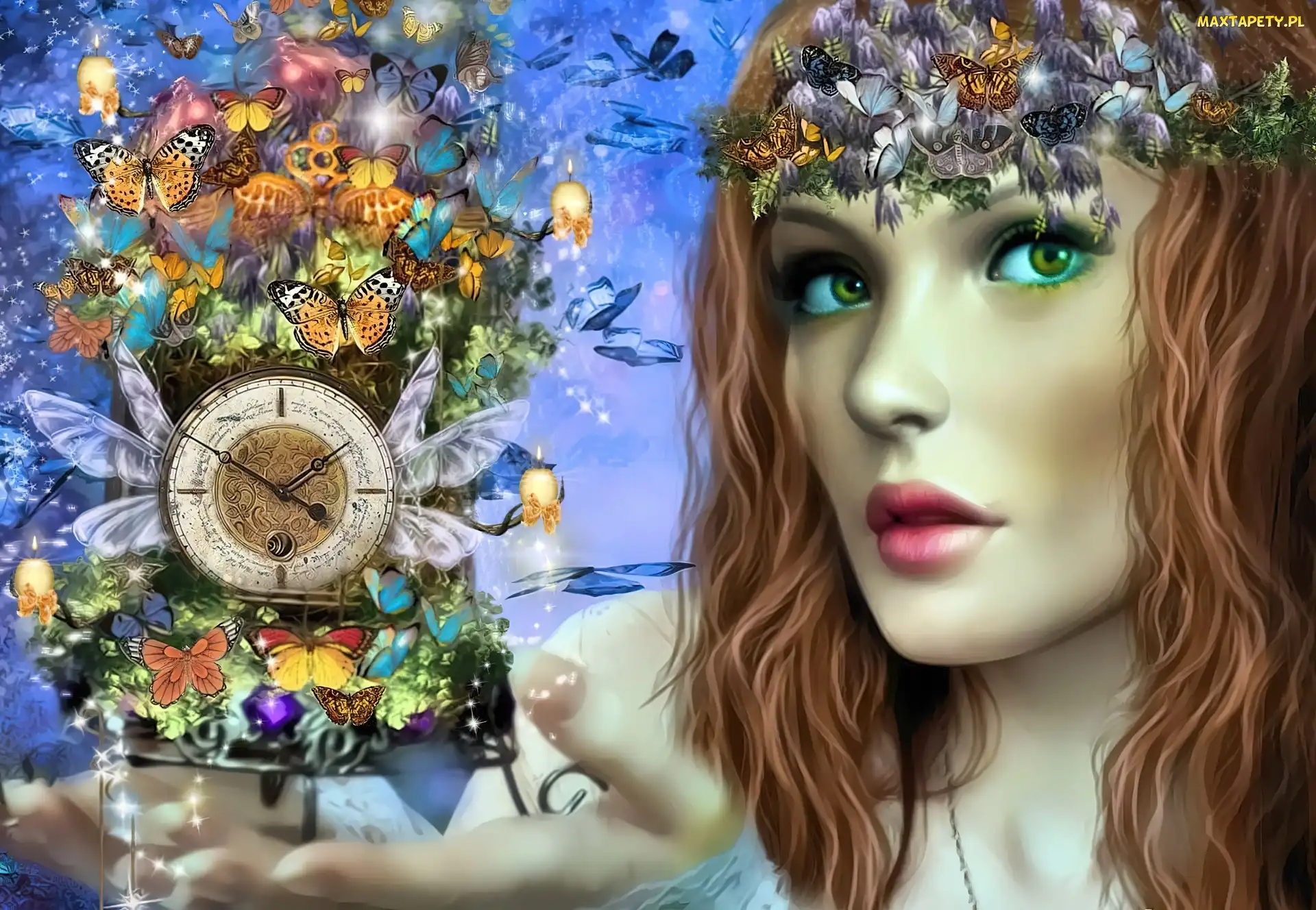 Josephine Wall, Fantastyka, Zegar, Dziewczyna, Czas, Motyle