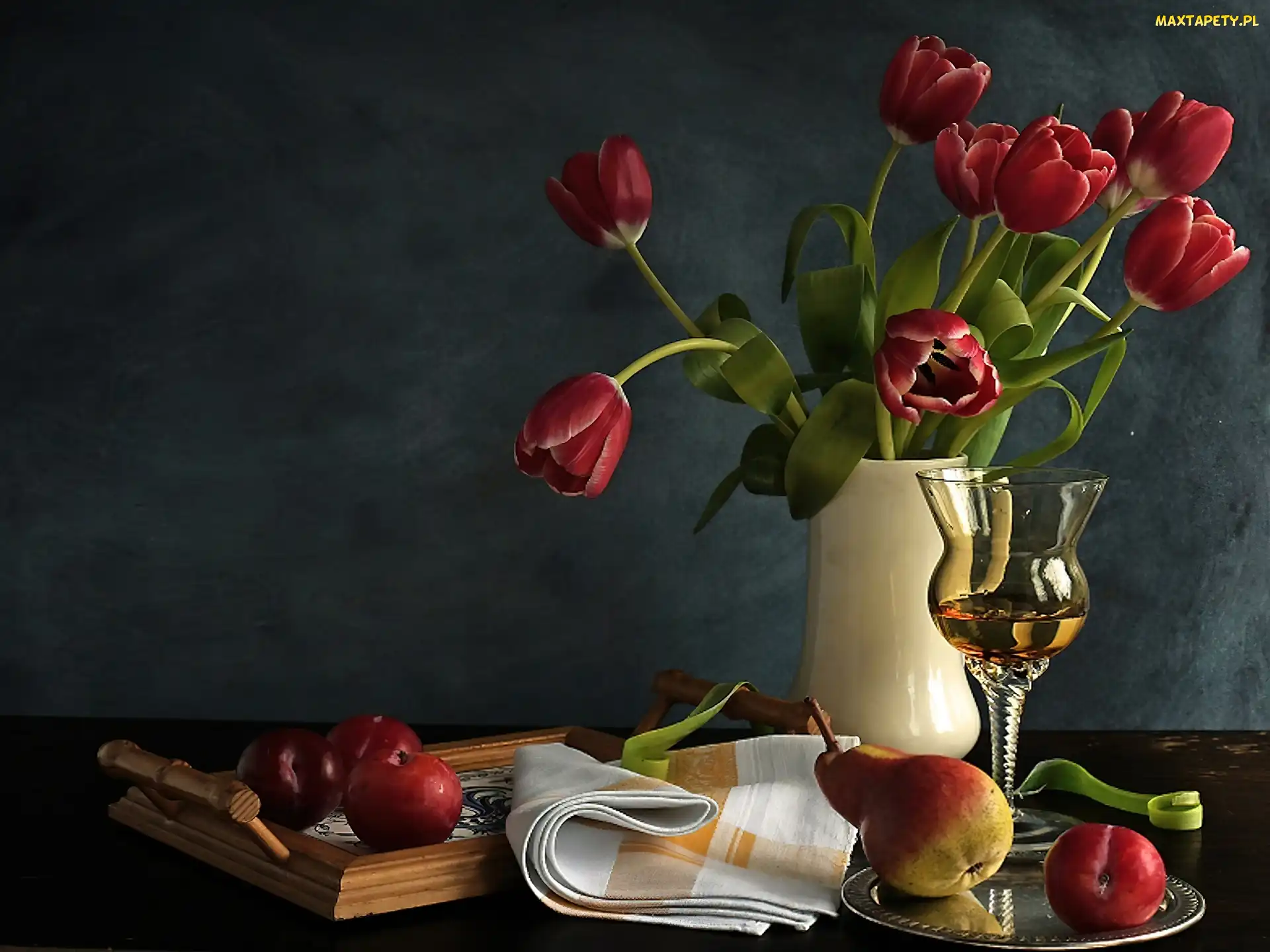 Wino, Owoce, Wazon, Tulipany