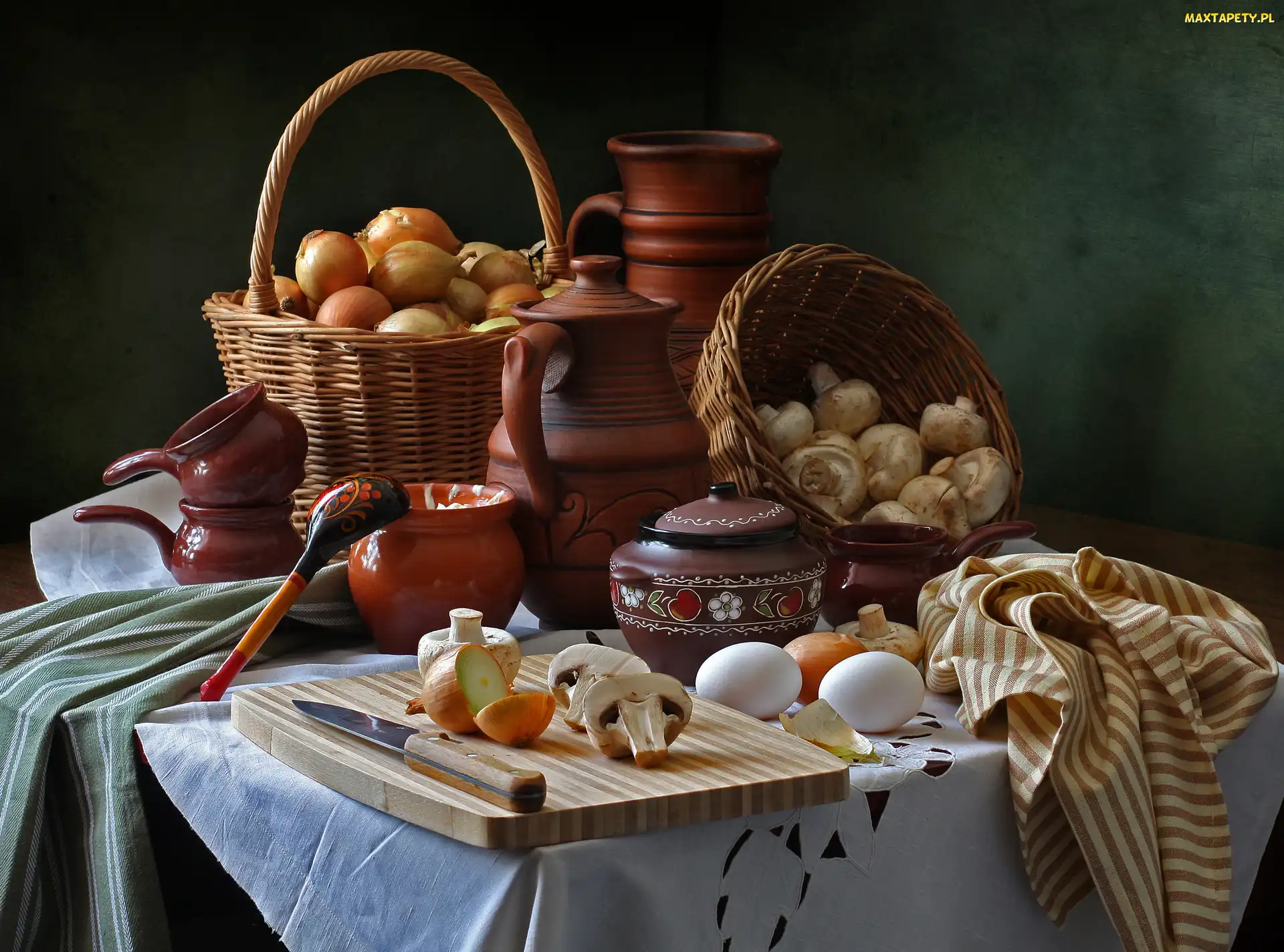 Ceramiczne, Stół, Pieczarki, Naczynia, Cebula