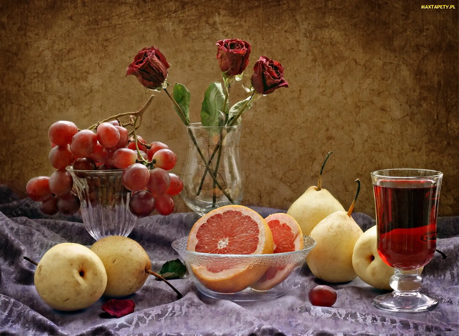 Owoce, Róże, Gruszki, Kompozycja, Wino, Winogrona, Grejfruty