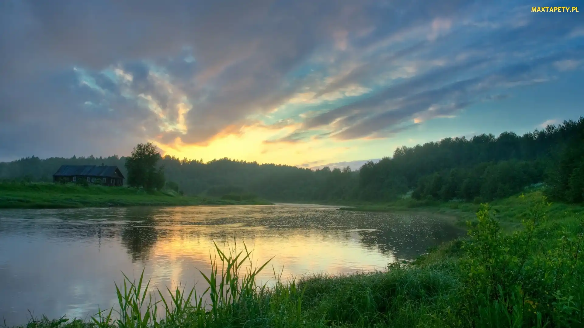 Trawa, Las, Słońce, Zachód, Chmury, Jezioro