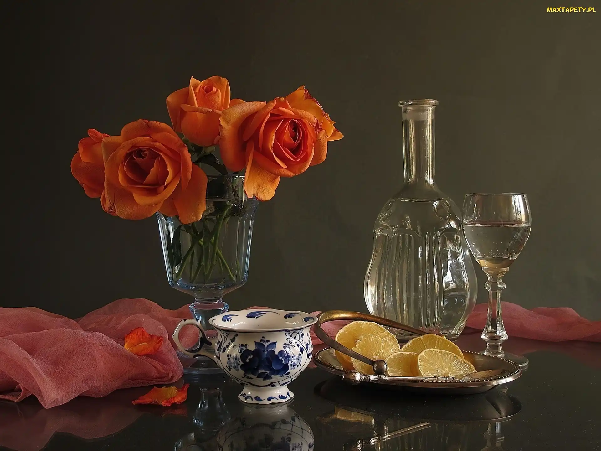 Róże, Wino, Cytrynki, Filiżanka, Pomarańczowe