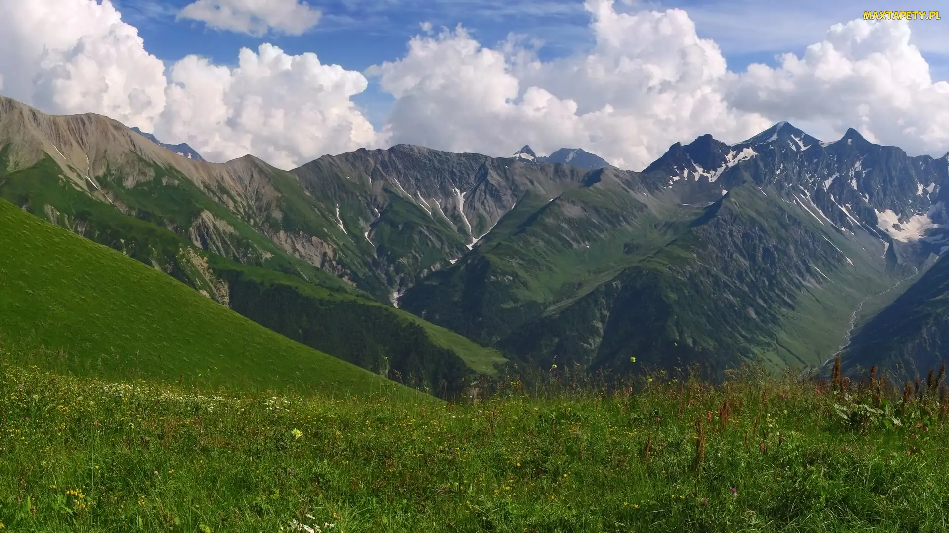 Chmury, Trawa, Śnieg, Łąka, Góry