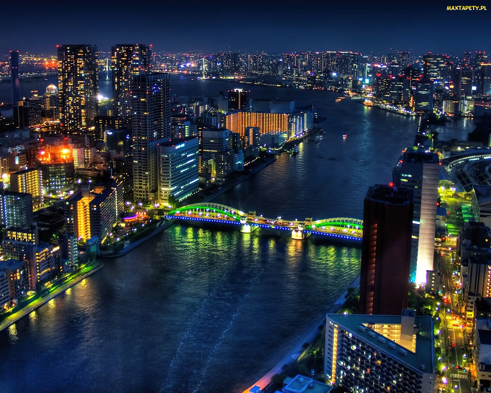Miasto, Rzeka, Most, Noc, Tokio