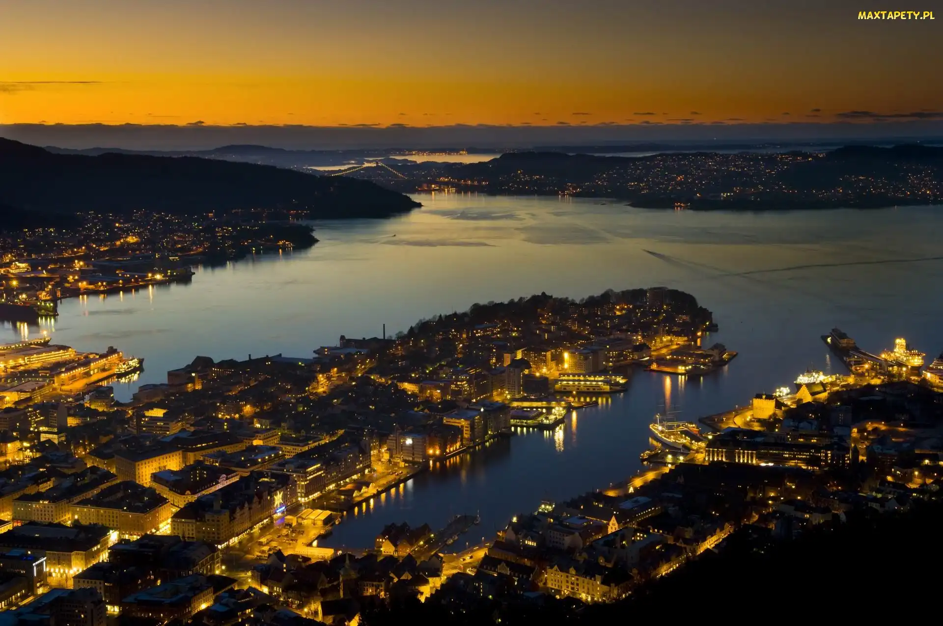 Bergen, Zatoka, Panorama, Miasto, Noc