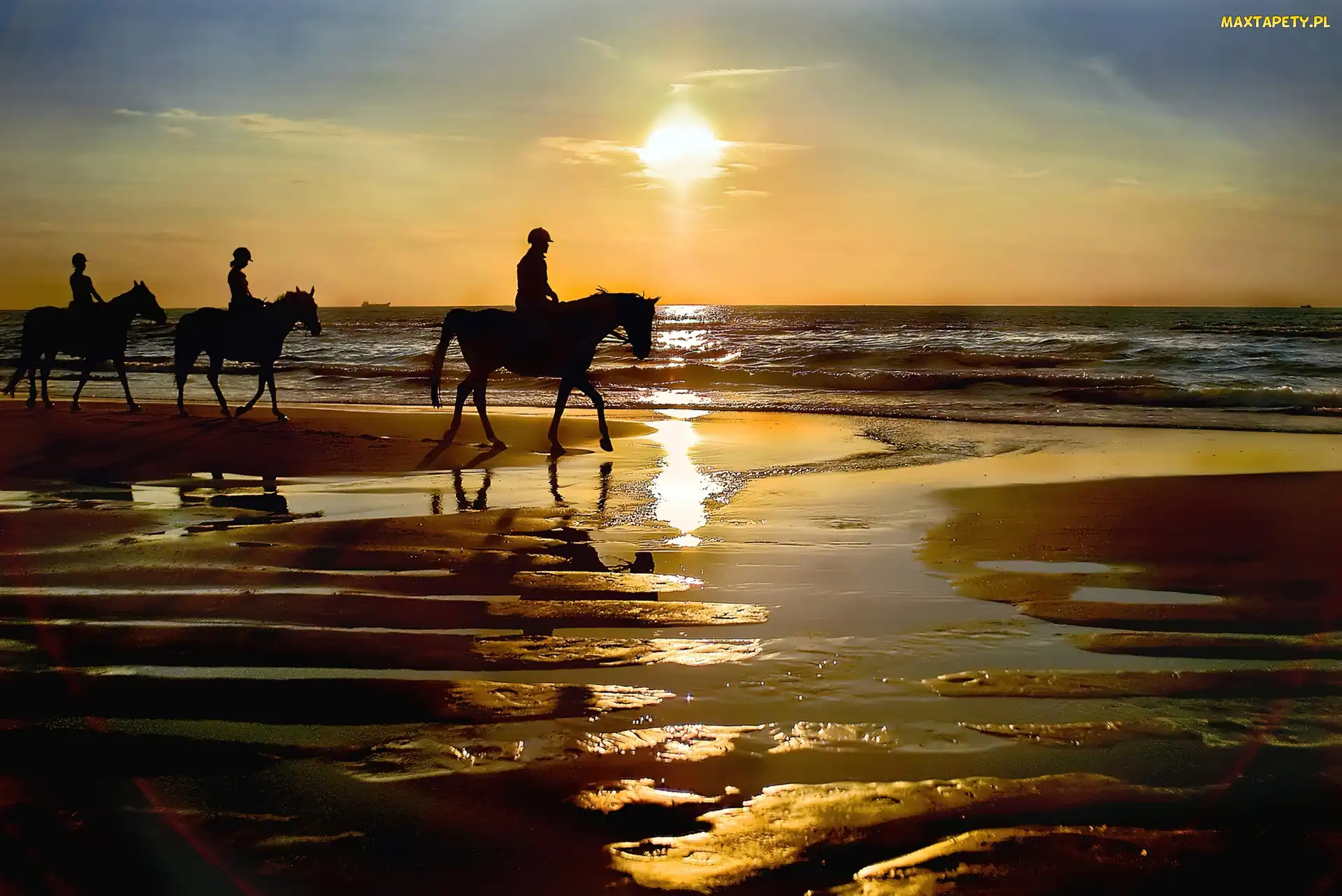 Plaża, Zachód, Dżokeje, Konie, Morze