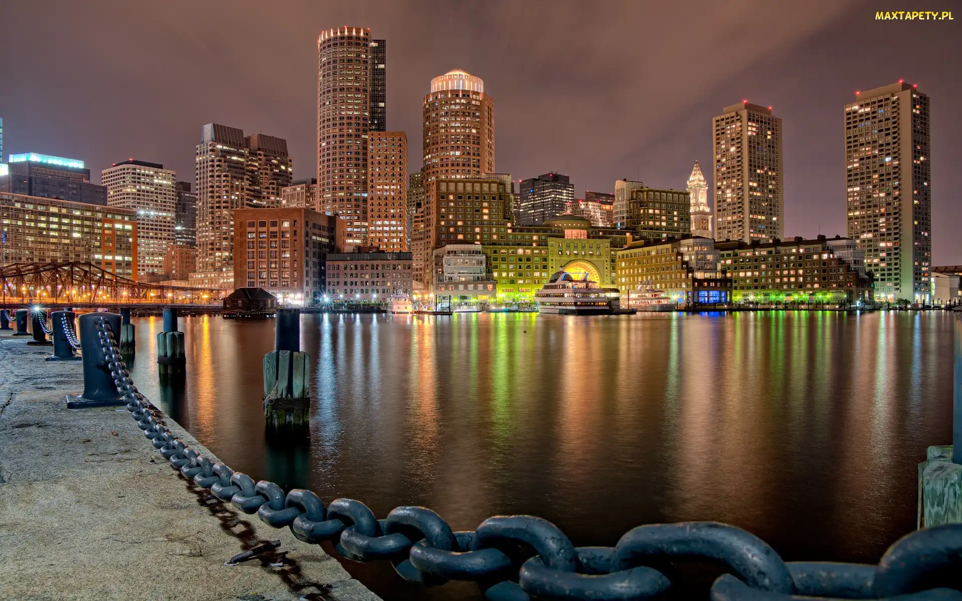 Boston, Światła, Misto, Panorama, Port, Noc