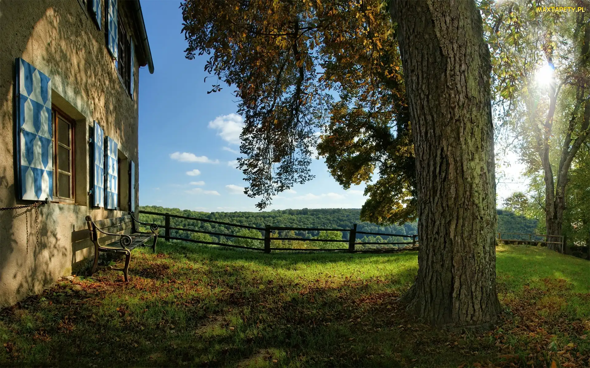 Ogrodzenie, Ławeczka, Dom, Drzewo