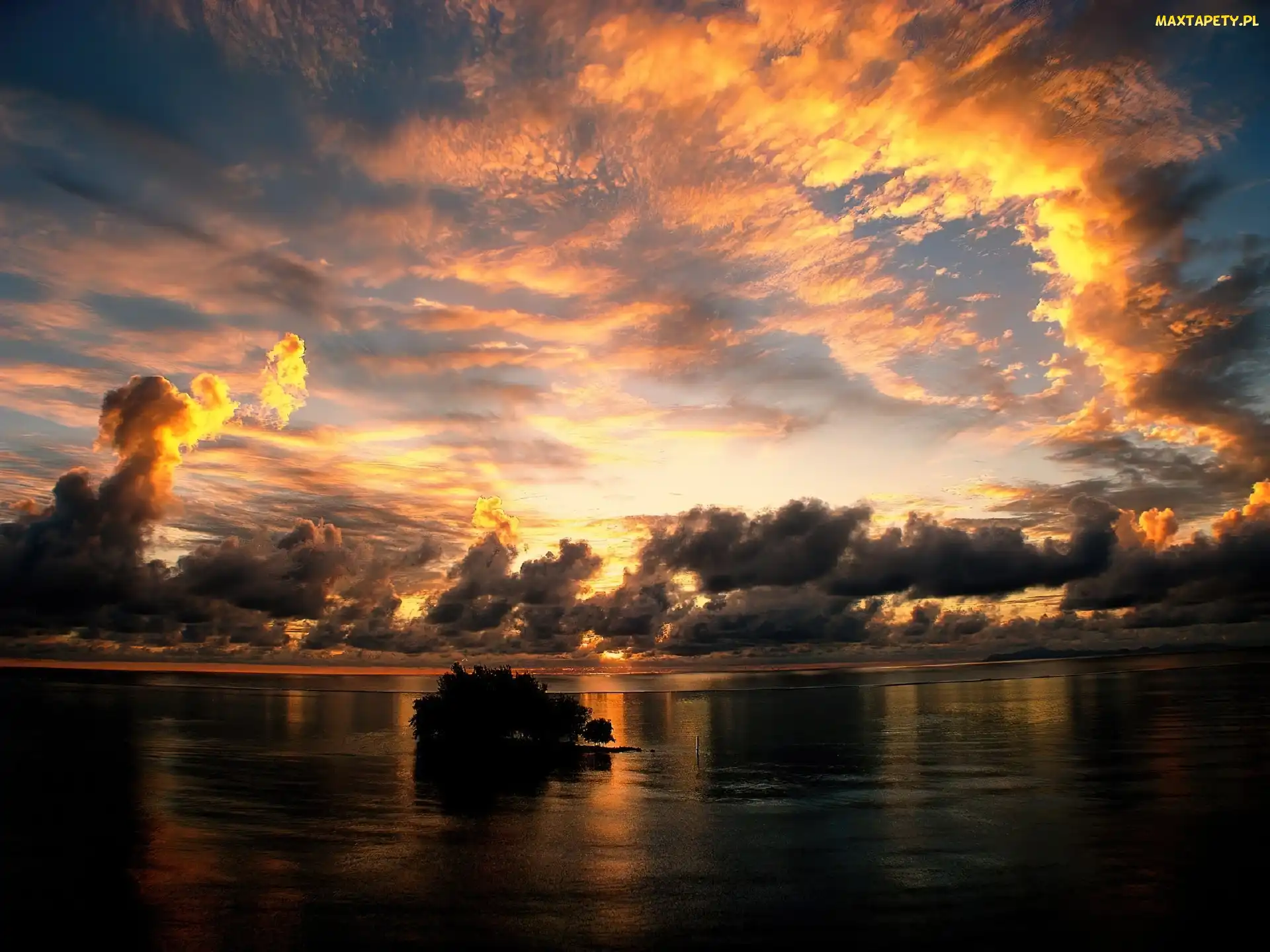 Tahiti, Słońca, Wysepka, Ocean, Chmury, Zachód