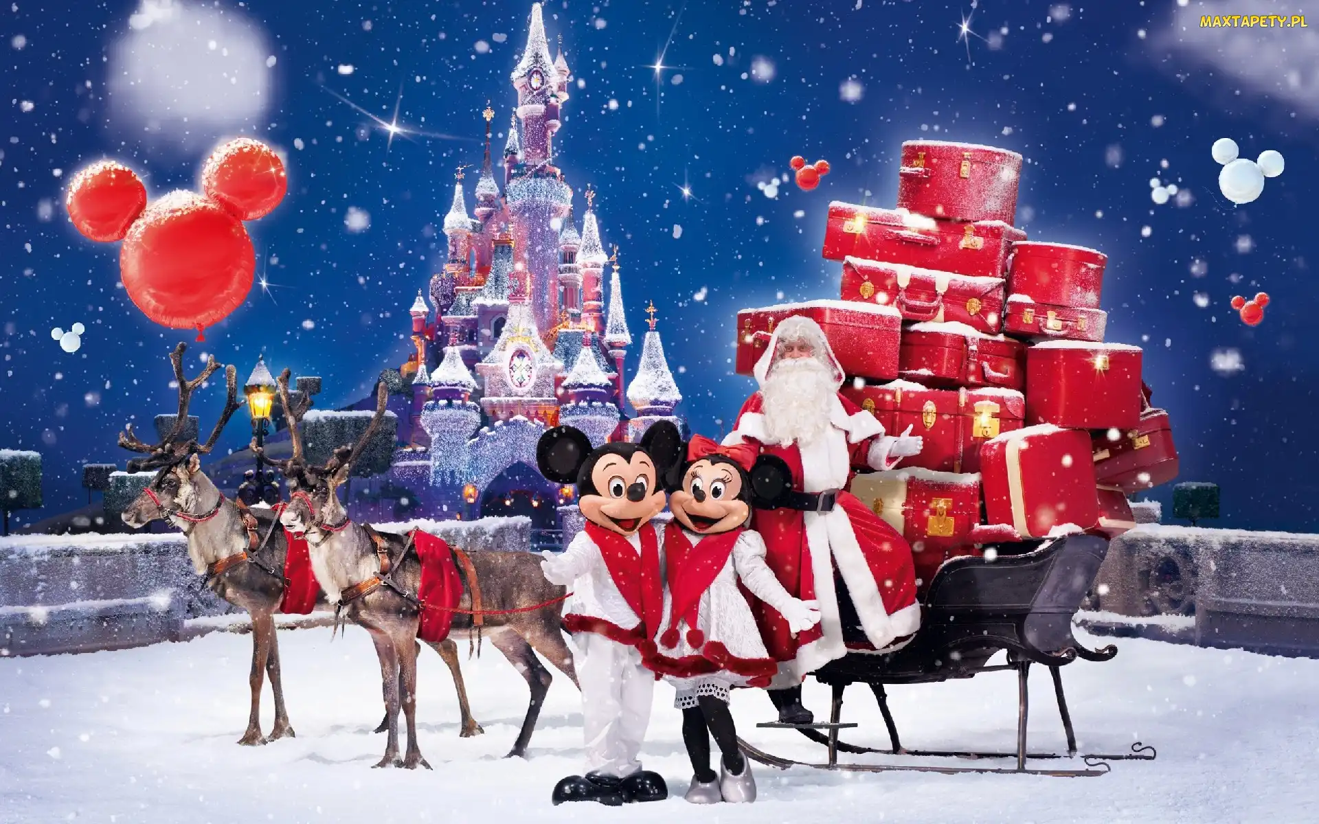 Mikołaj, Miki, Disneyland, Myszka, Sanie, Śnieg, Renifery, Minnie