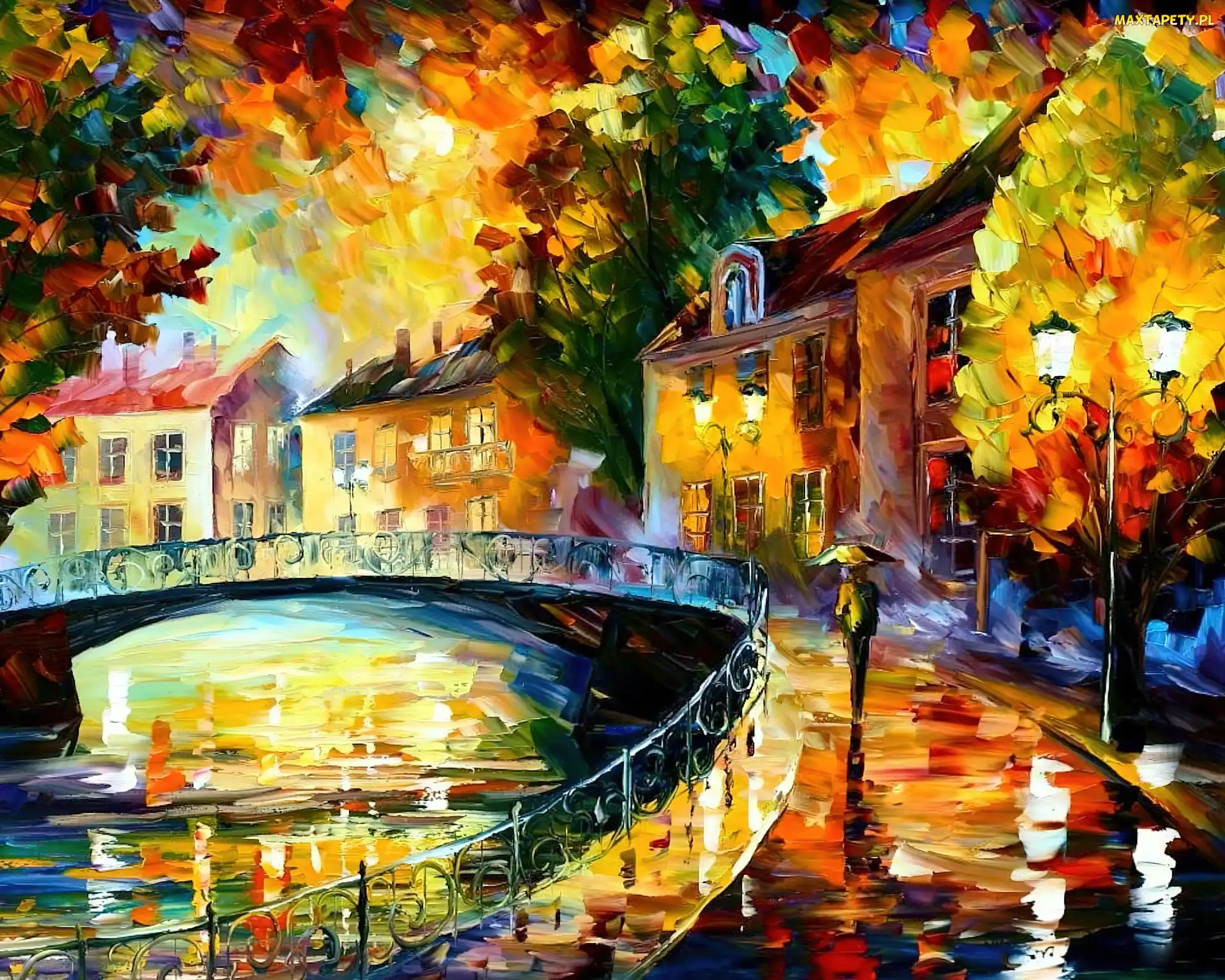 Jesień, Leonid Afremov, Obraz, Ulica