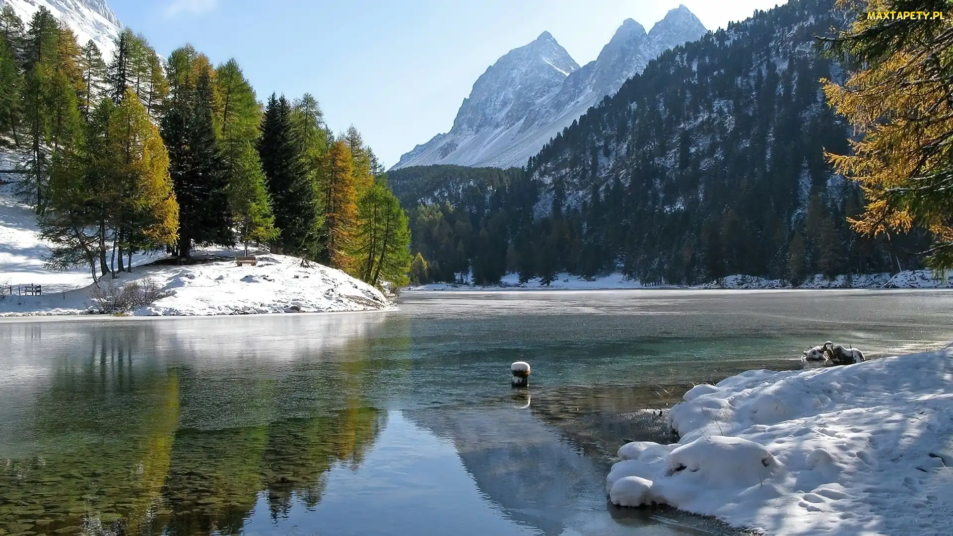 Góry, Śnieg, Drzewa, Jezioro