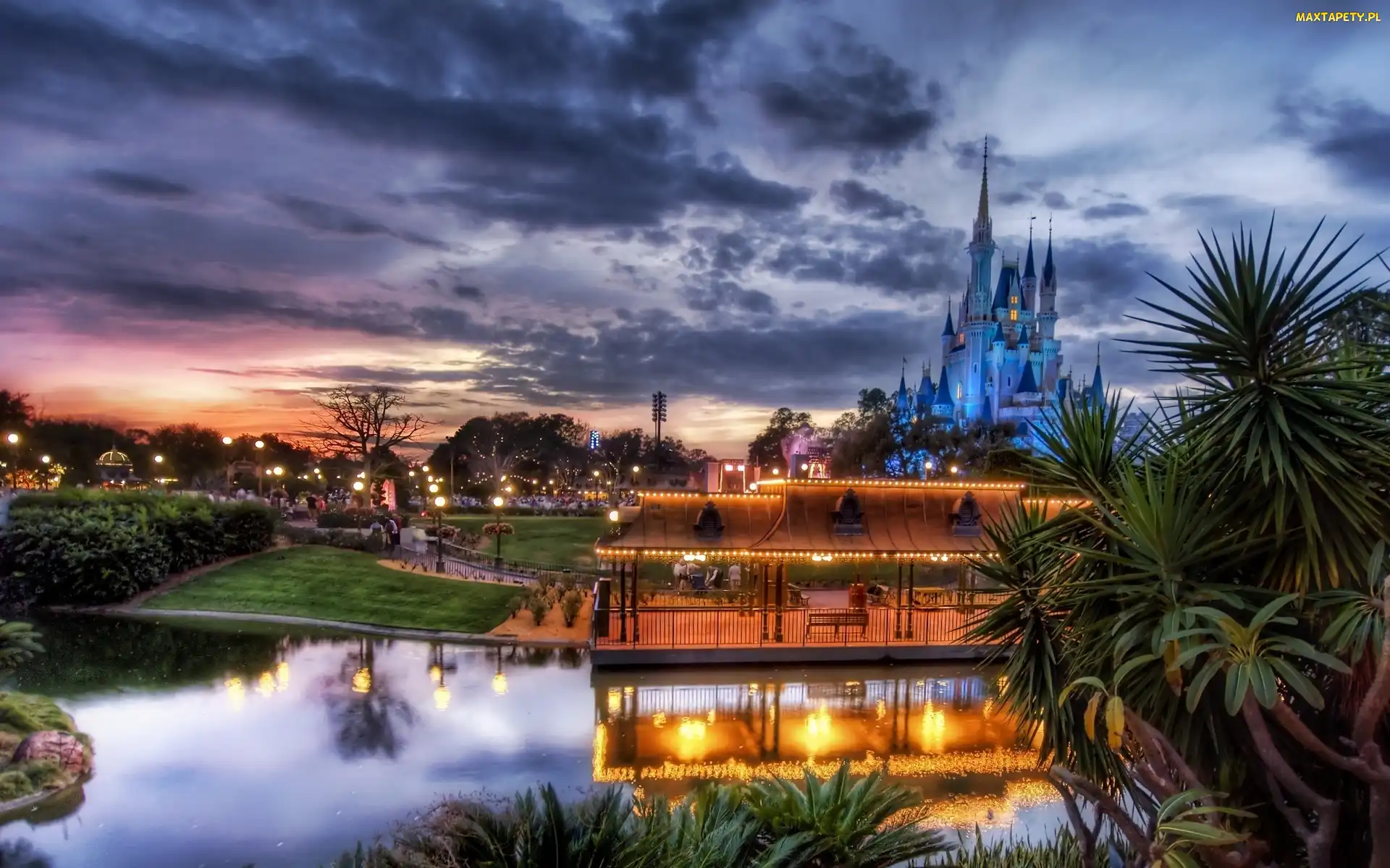 Słońca, Zachód, Rozrywki, Park, Disneyworld, Zamek