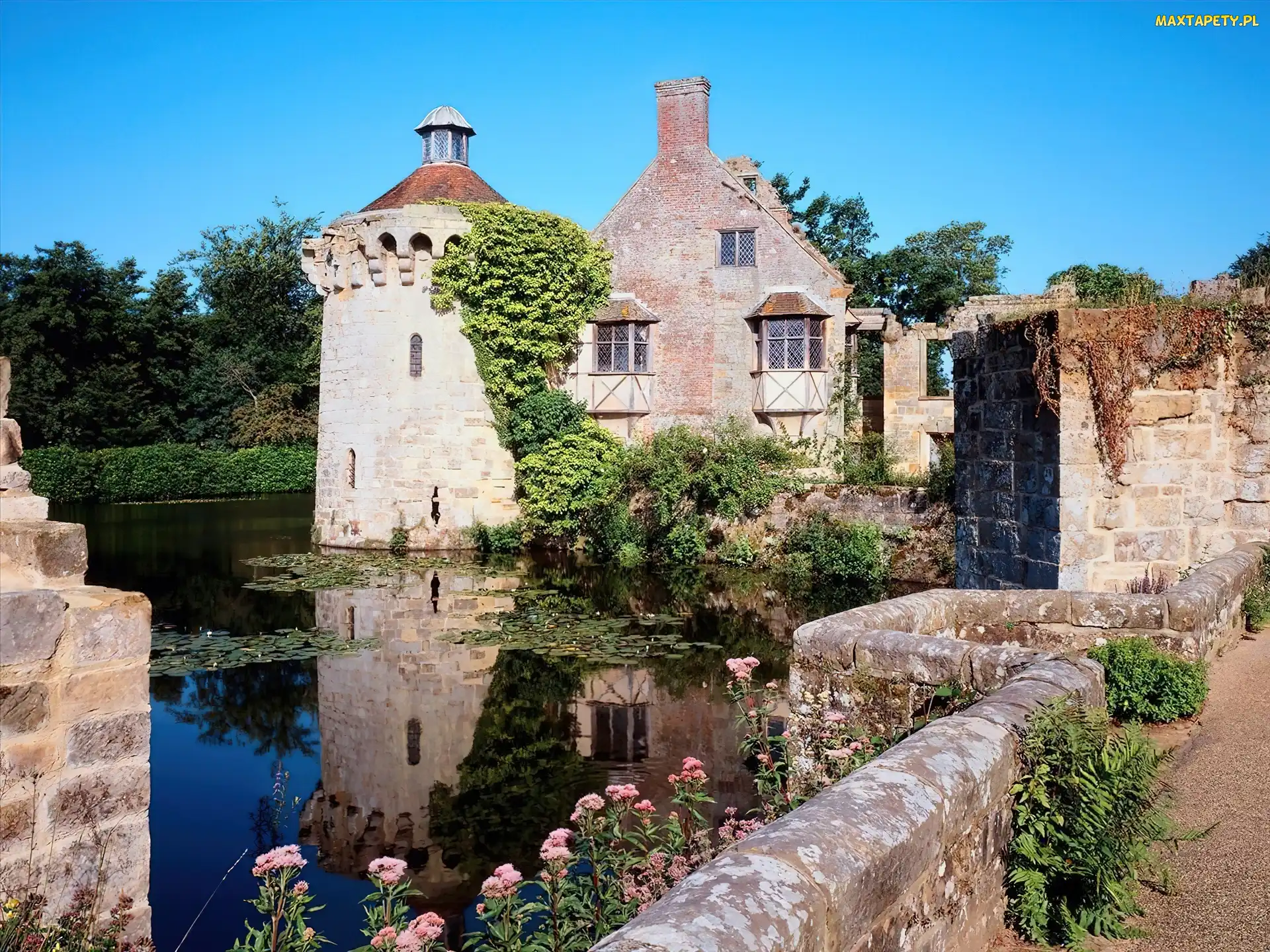 Hrabstwo Kent, Chmury, Dworek, Anglia, Zieleń, Staw, Scotney Castle