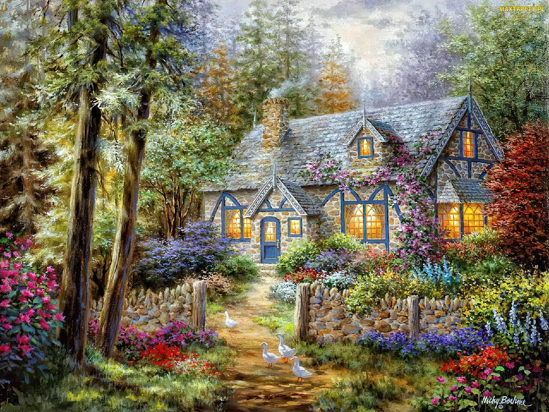 Ogród, Nicky Boehme, Obraz, Kwiaty, Dom