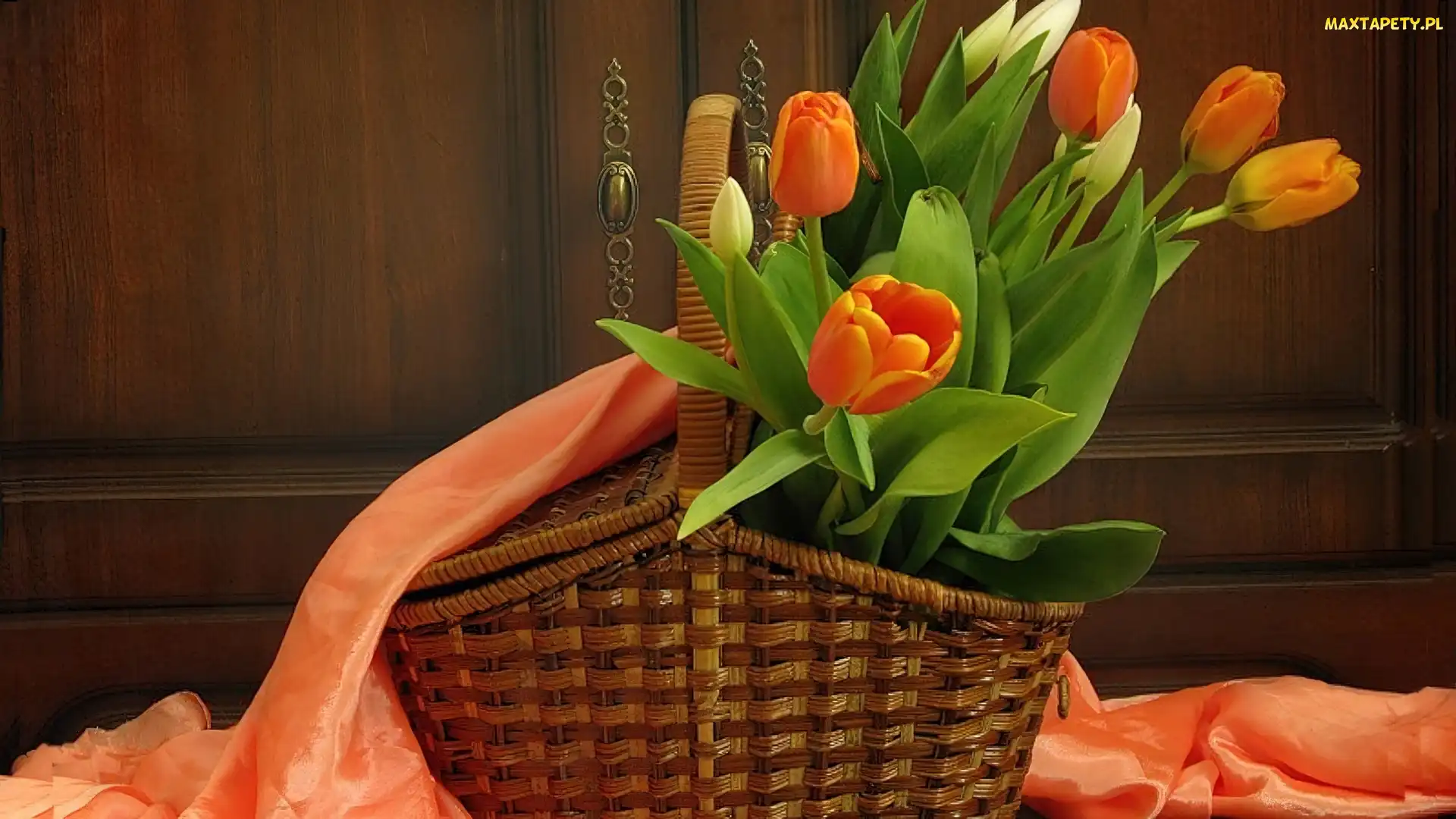 Kosz, Atłas, Tulipany, Pomarańczowe, Wiklinowy