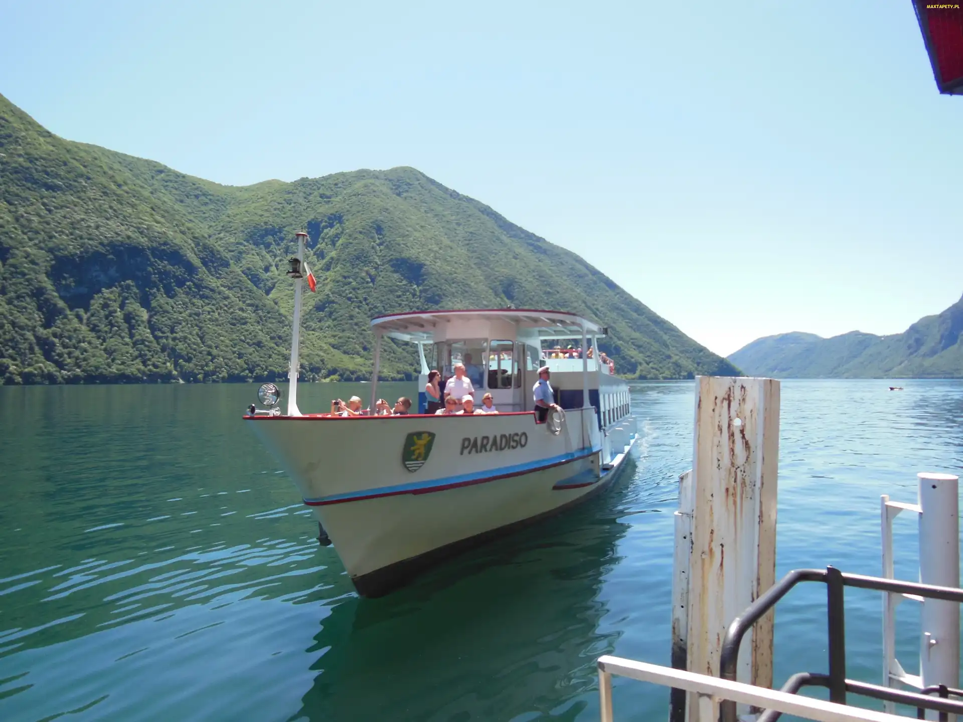 Góry, Woda, Lugano, Gandria, Szwajcaria, Statek