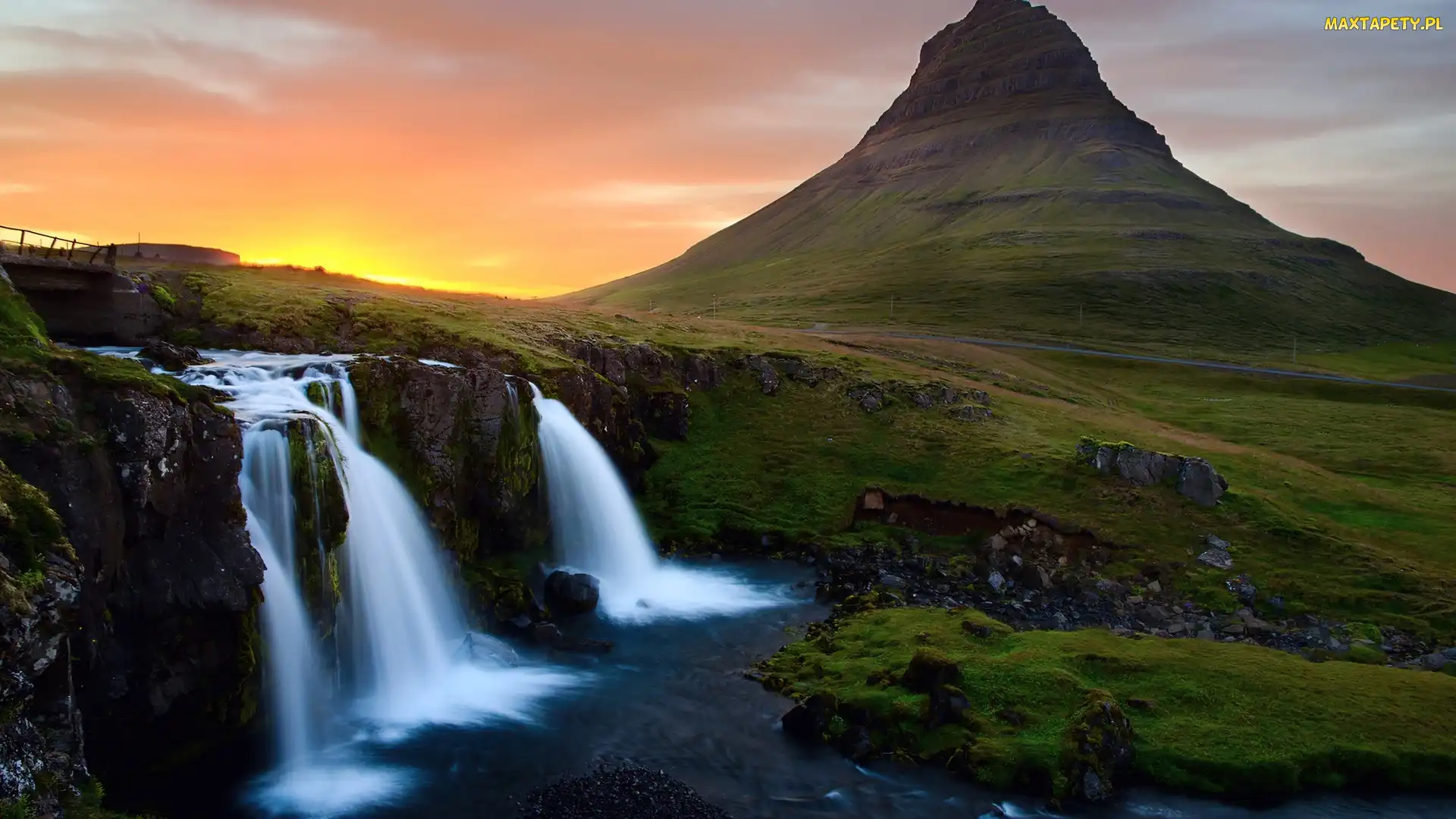Wodospad, Islandia, Słońca, Zachód, Skały