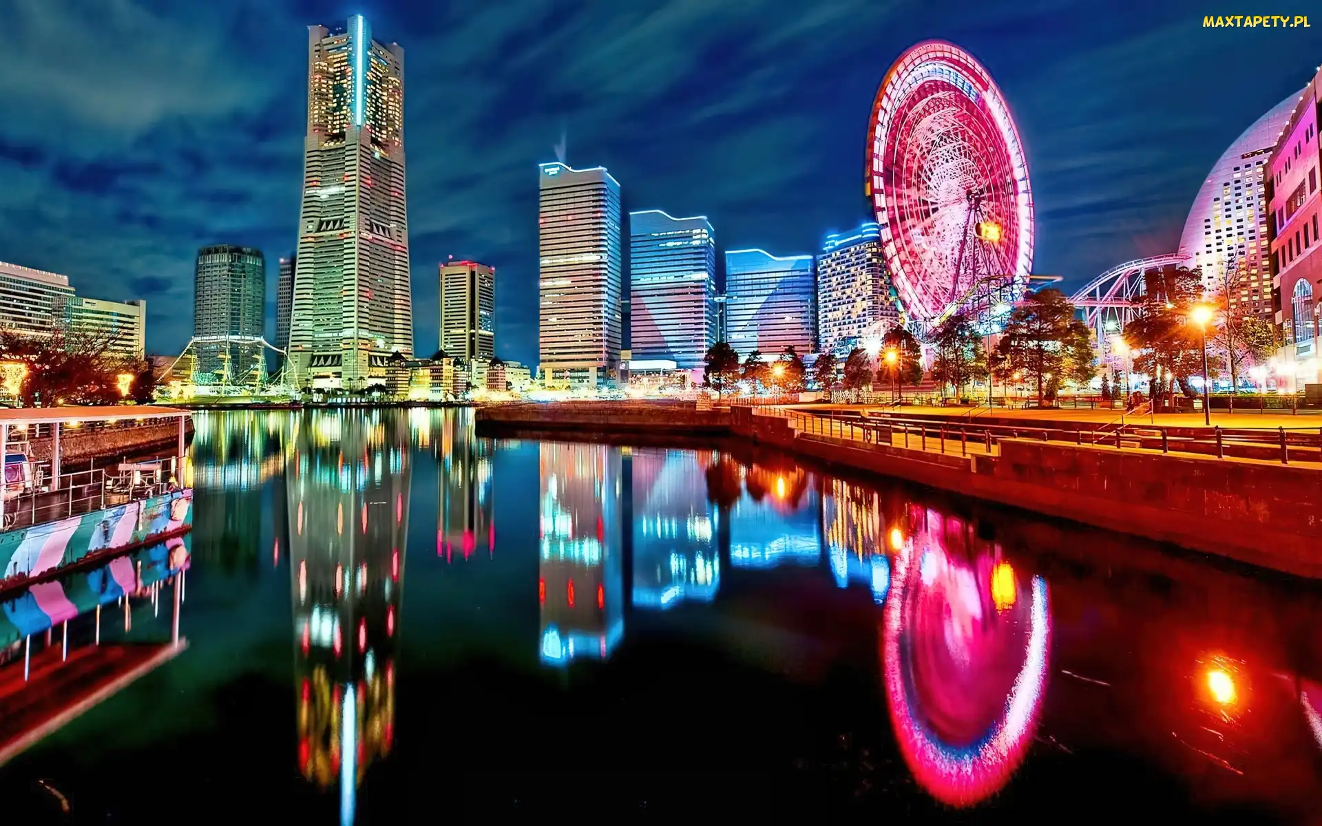 Yokohama, Młyn, Noc, Miasto, Światła, Diabelski