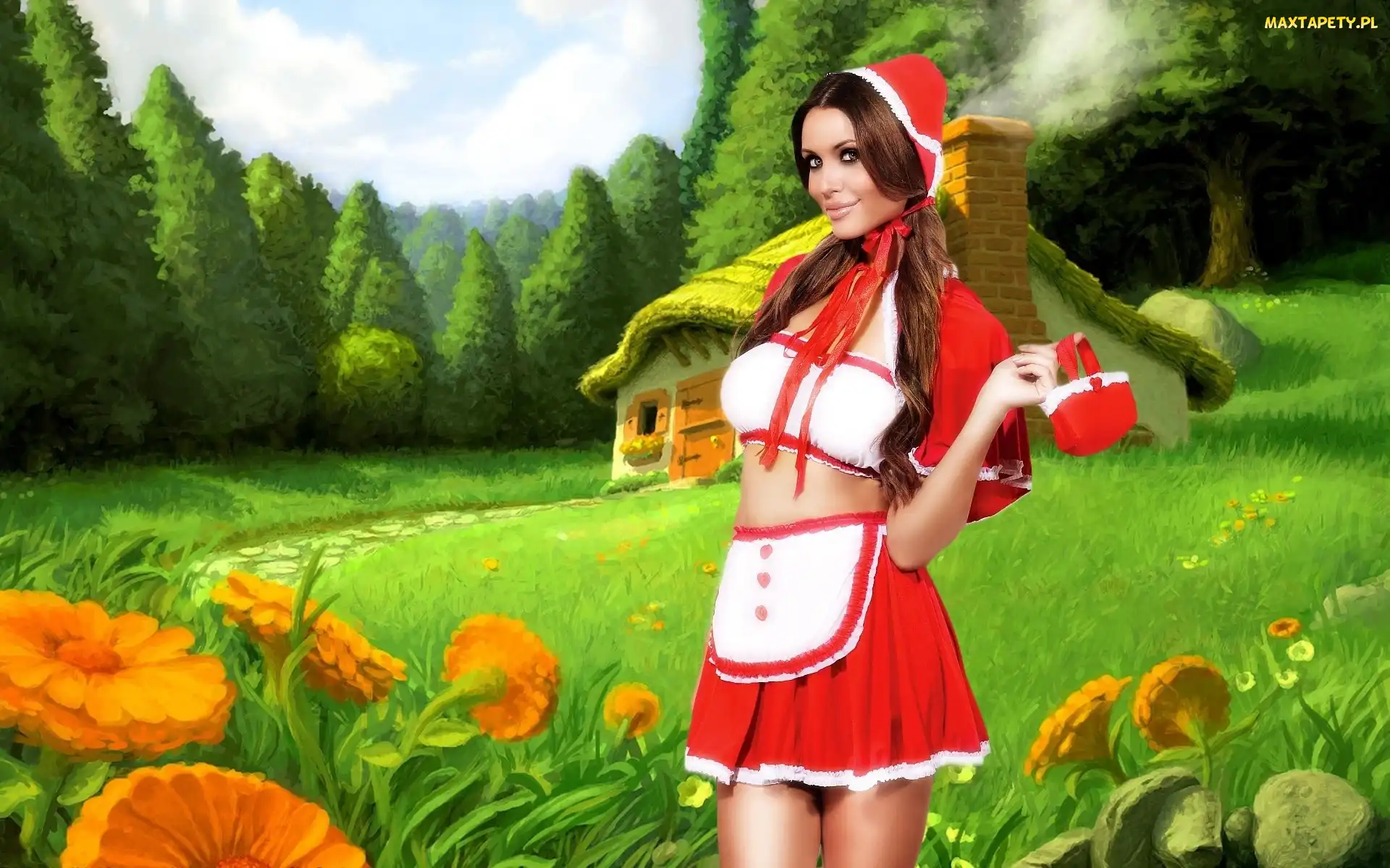 Kwiaty, Las, Czerwony Kapturek, Kobieta, Cosplay, Chatka