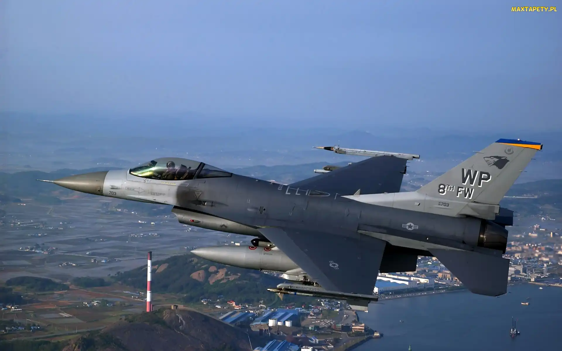 F-16, Miastem, Nad, Przelot, Niebo