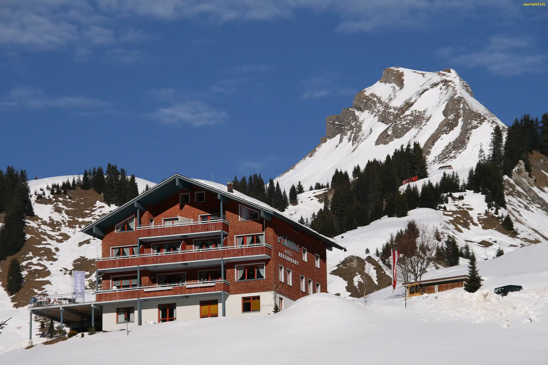 Damuls, Austria, Śnieg, Góry, Pensjonat, Zima